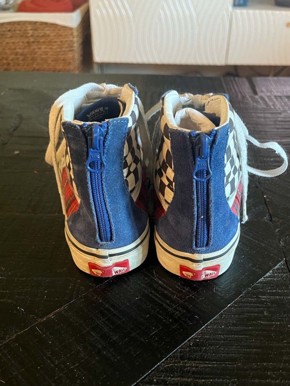 Vans Kids Sk8-Hi Zip sneakers, True Blue/Racing Red Plaid Checkerboard Size 2 - Picture 3 of 6
